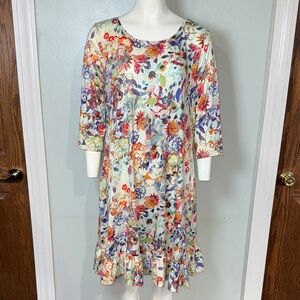 Peruvian Connection 100% Pima Cotton Floral Dress Pockets Spring Ruffled Hem M